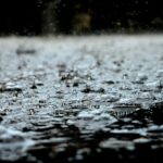 Detailed close-up of raindrops on a surface, capturing the essence of a heavy rain shower.