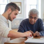 A young volunteer helps an elderly man manage his medication at a nursing home.